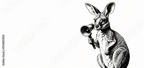 kangaroo holding a megaphone, black and white, illustration, sketch, isolated on white background