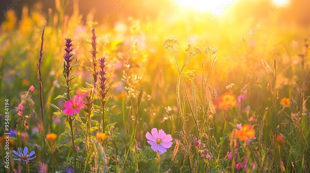 A field of flowers is in full bloom, with a bright sun shining down on them A field of flowers is in full bloom, with a bright sun shining down on them