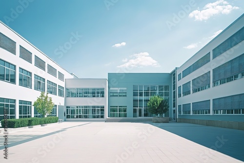 Modern school building under clear blue sky