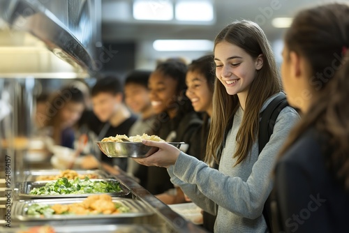 Smiling girl in cafeteria line with diverse friends