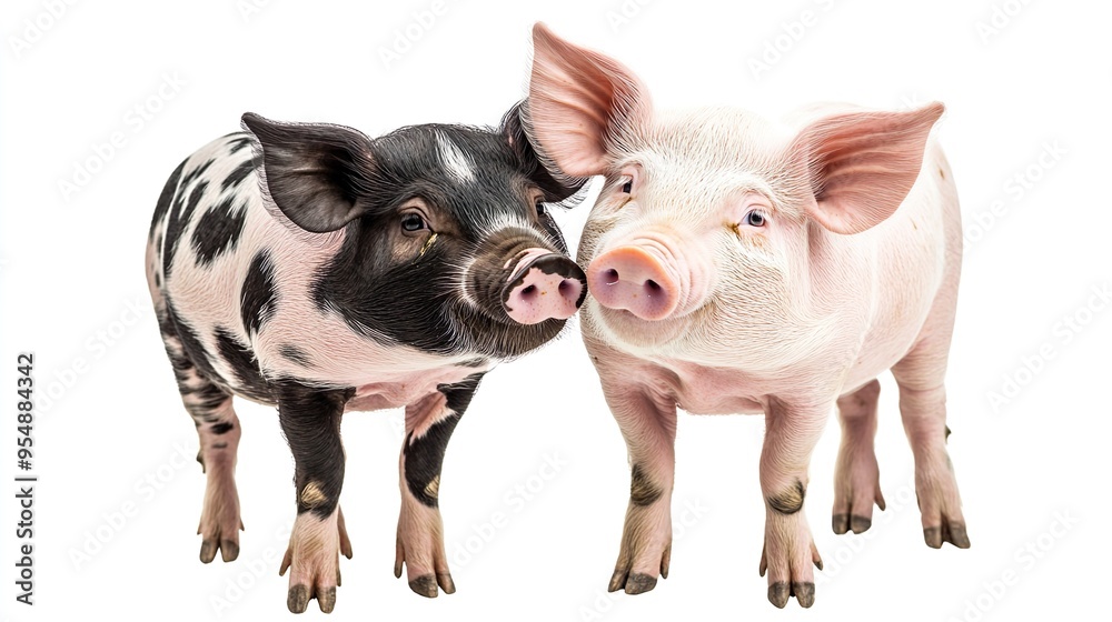 Two pigs are standing next to each other, one black and white and the other pink Two pigs are standing next to each other, one black and white and the other pink