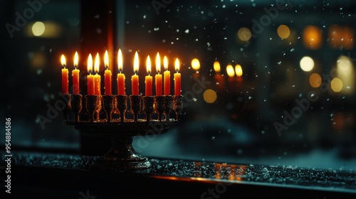 A glowing menorah with lit candles placed by a window on a snowy night, creating a warm and festive atmosphere. photo