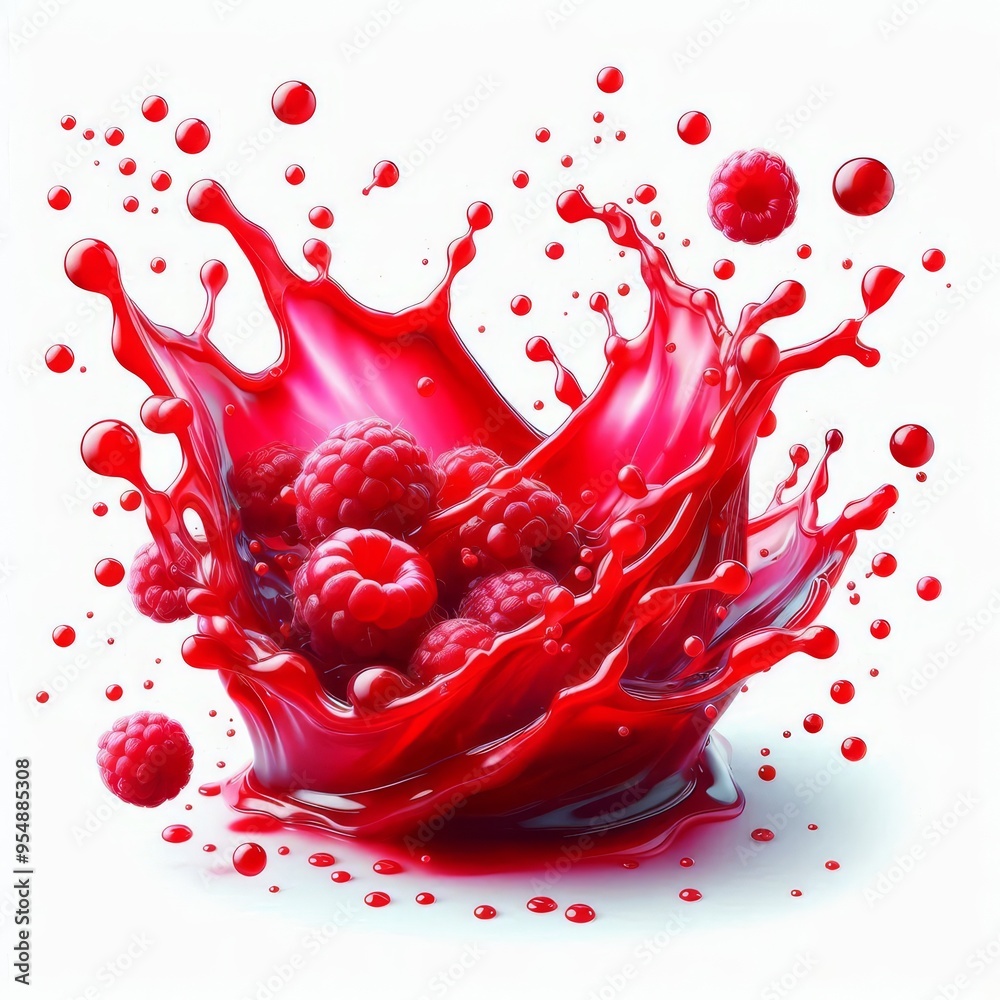 Vibrant and energetic splash of a red liquid similar to red berry jam, syrup, juice or punch, cut out
