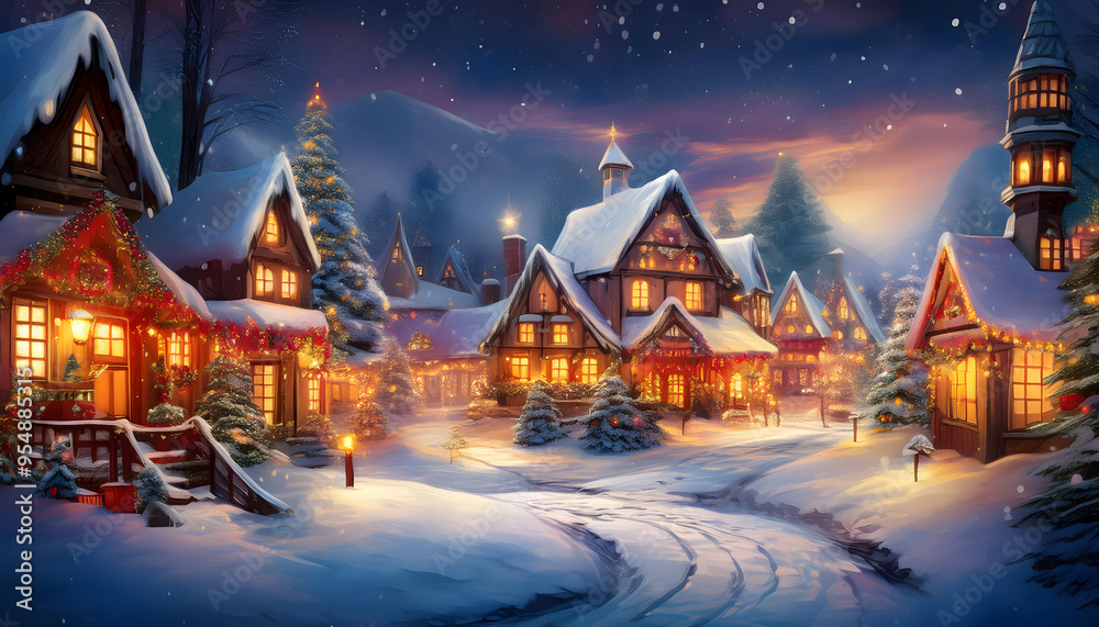 Magical Snow-Covered Christmas Village Illuminated by Festive Evening Lights Magical Snow-Covered Christmas Village Illuminated by Festive Evening Lights