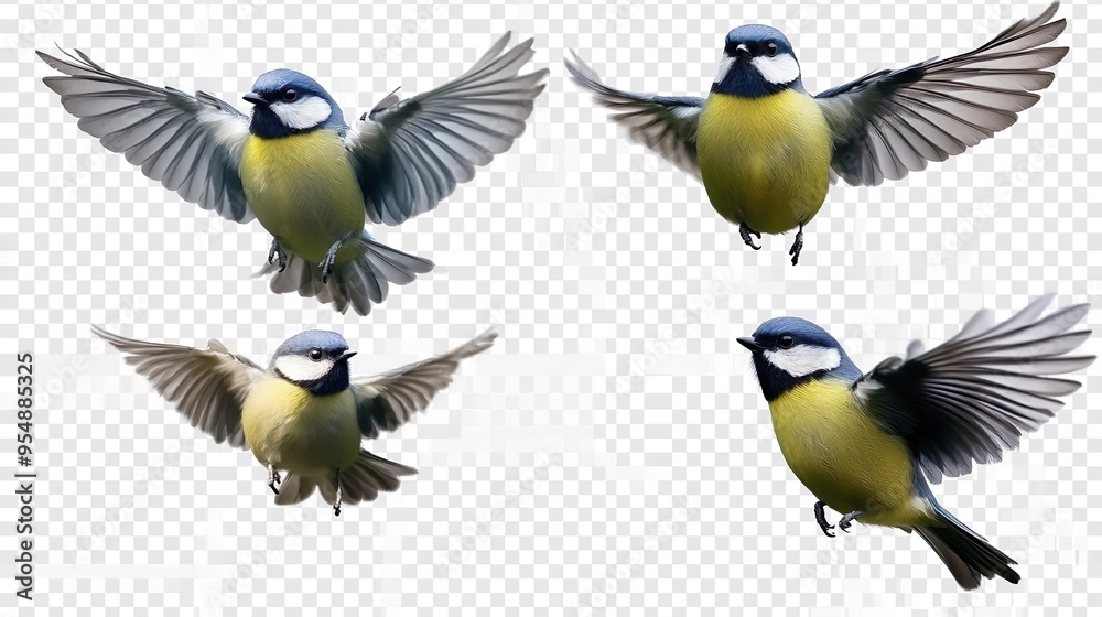 Obraz premium Four birds flying in the air, one of them is yellow