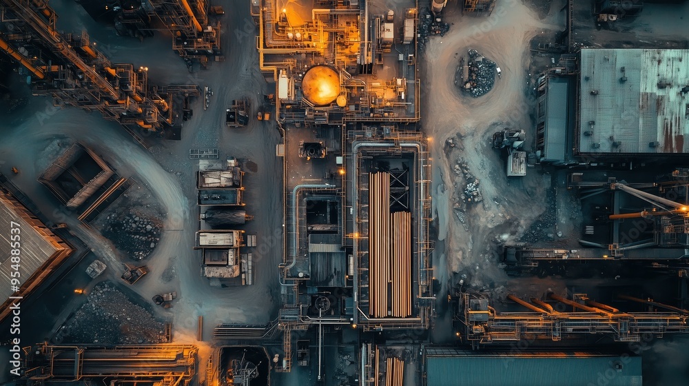 Aerial View of Copper Processing Plant. Aerial shot of a copper processing plant, showcasing intricate network of pipes, tanks, and machinery under industrial lighting. Aerial View of Copper Processing Plant. Aerial shot of a copper processing plant, showcasing intricate network of pipes, tanks, and machinery under industrial lighting.