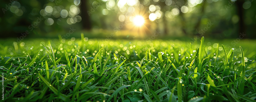 Close-up, nature textures, bright green colors of fresh grass, lawn. Sunny natural background, dewy morning. Banner. Selective focus. Close-up, nature textures, bright green colors of fresh grass, lawn. Sunny natural background, dewy morning. Banner. Selective focus.