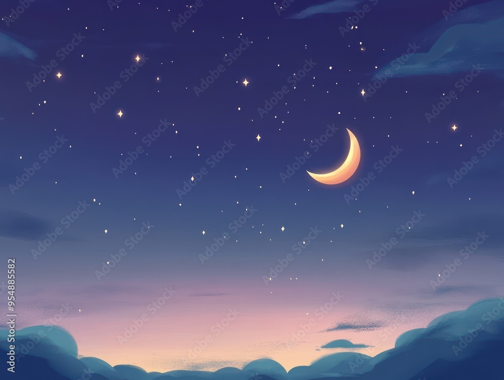 Fototapeta premium Crescent Moon and Stars in a Night Sky Illustration
