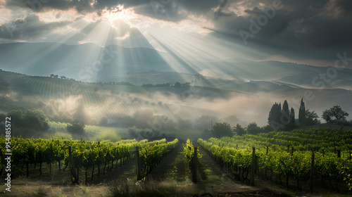 A vineyard in Umbria Italy with a misty valley and sunrays breaking through.