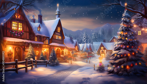 Magical Snow-Covered Christmas Village Illuminated by Festive Evening Lights