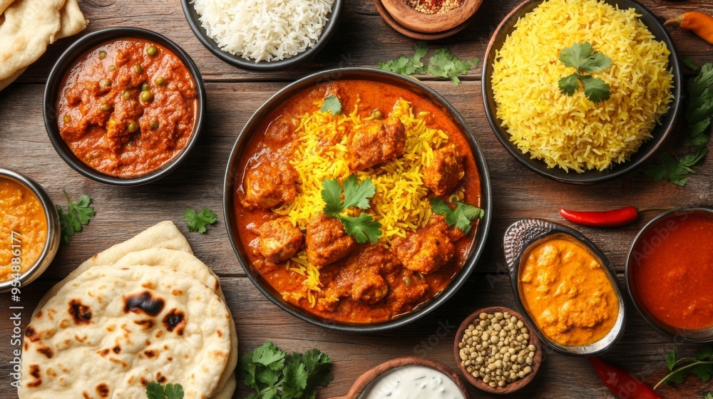 A colorful spread of Indian cuisine, featuring aromatic biryani rice, spicy chicken tikka masala, and fluffy naan bread, inviting a culinary journey. A colorful spread of Indian cuisine, featuring aromatic biryani rice, spicy chicken tikka masala, and fluffy naan bread, inviting a culinary journey.