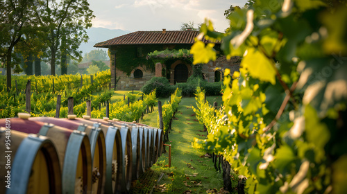 A vineyard in Veneto Italy with a historic wine cellar and oak barrels.