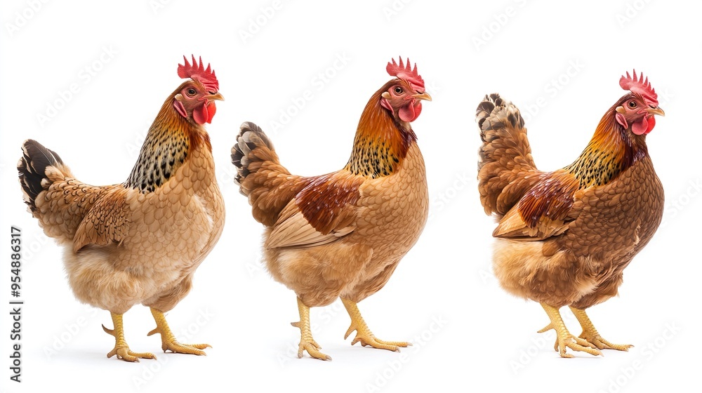 Fototapeta premium Three chickens standing in a row, one is brown, one is white, and one is red