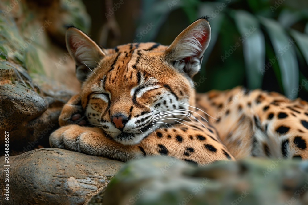 Adorable cheetah cub sleeping on tree branch. Spotted fur visible. Young endangered feline resting in natural habitat, peaceful moment. Wildlife conservation and protecting future generations Adorable cheetah cub sleeping on tree branch. Spotted fur visible. Young endangered feline resting in natural habitat, peaceful moment. Wildlife conservation and protecting future generations