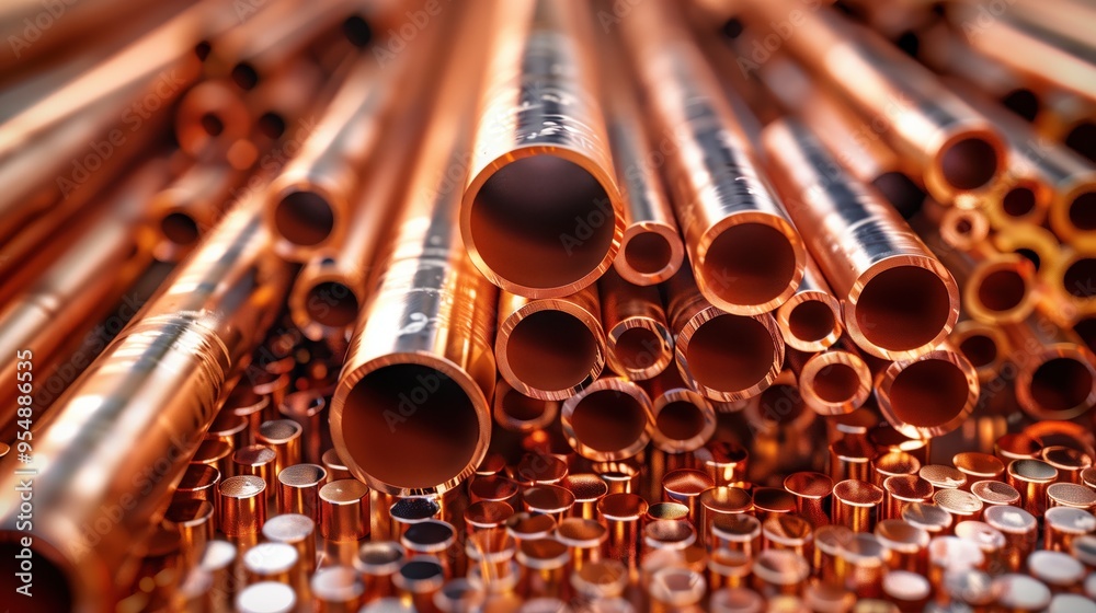 Naklejka premium Assorted Sizes of Copper Pipes for Industrial Use. Variety of copper pipes of different sizes, arranged together in an industrial setting, emphasizing the diversity of applications.