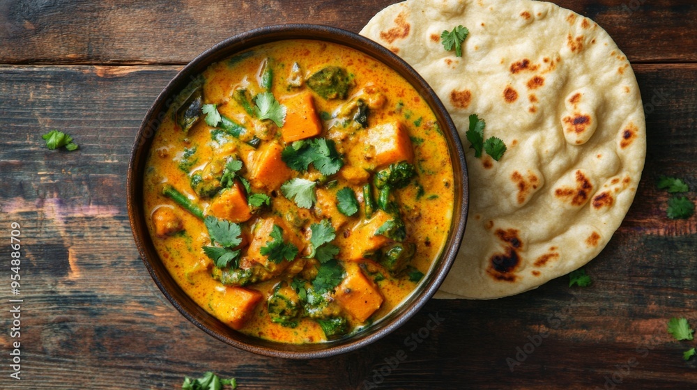 A comforting bowl of vegetable korma, creamy and aromatic curry with mixed vegetables, cashew nuts, and aromatic spices, served with naan bread A comforting bowl of vegetable korma, creamy and aromatic curry with mixed vegetables, cashew nuts, and aromatic spices, served with naan bread