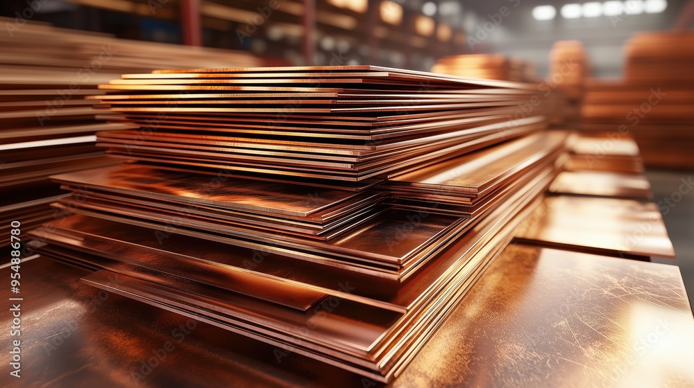 Stack of Polished Copper Plates in Warehouse. Stack of shiny, polished copper plates neatly organized in a warehouse, showcasing the readiness for industrial use and processing. Stack of Polished Copper Plates in Warehouse. Stack of shiny, polished copper plates neatly organized in a warehouse, showcasing the readiness for industrial use and processing.