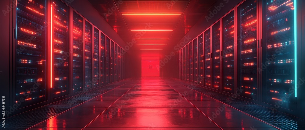 Obraz premium Red Neon Lights Illuminated Server Room Corridor.
