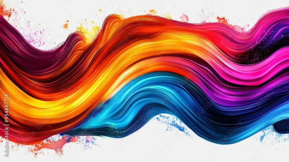 A dynamic stream of multi-colored wave flows effortlessly across a white background with splattered accents, embodying motion, creativity, and artistic expression. A dynamic stream of multi-colored wave flows effortlessly across a white background with splattered accents, embodying motion, creativity, and artistic expression.