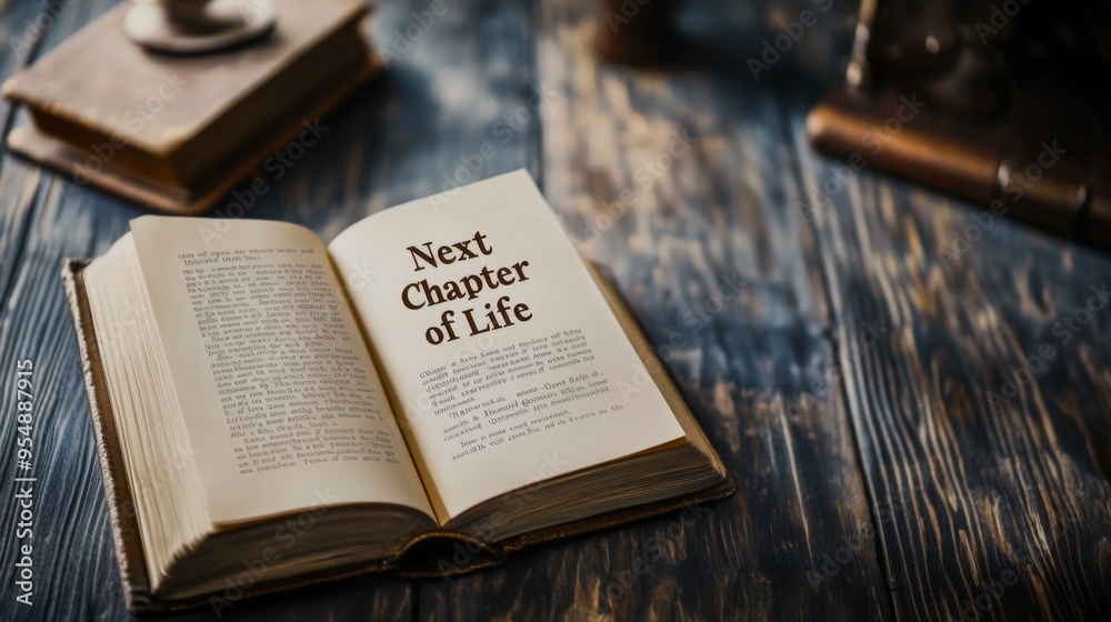 Obraz premium A profoundly written book lies open on a table with the words 'Next Chapter of Life' printed on its pages, evoking thoughts of new beginnings and life's journeys.