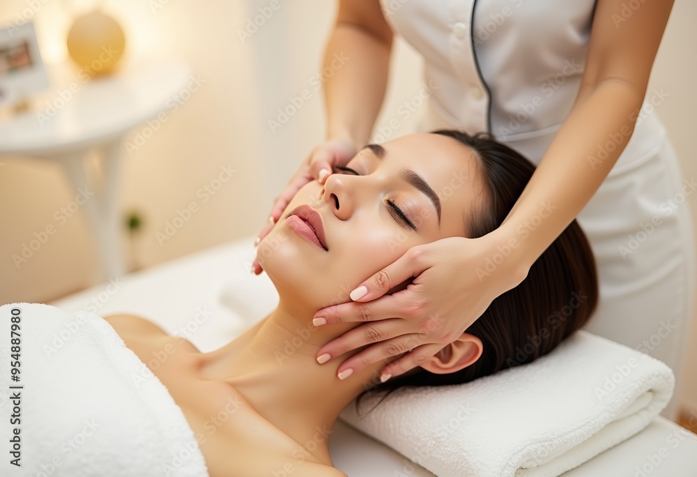 Professional Facial Massage: A Skilled Masseuse Performs a Gentle Facial Treatment on a Relaxed Woman. High-Quality Image with a White Eyes Closed Professional Facial Massage: A Skilled Masseuse Performs a Gentle Facial Treatment on a Relaxed Woman. High-Quality Image with a White Eyes Closed