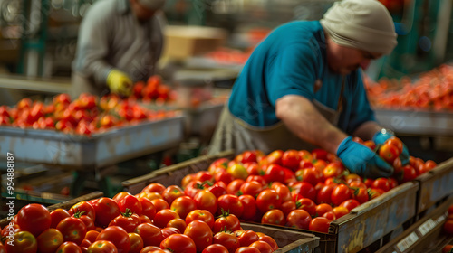 Farmers sorting freshly picked tomatoes in a packing house.