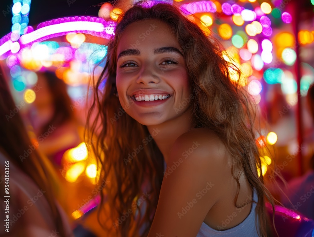 Friends enjoying a ride on a Ferris wheel at an Oktoberfest fair, colorful lights and excitement in the air Friends enjoying a ride on a Ferris wheel at an Oktoberfest fair, colorful lights and excitement in the air