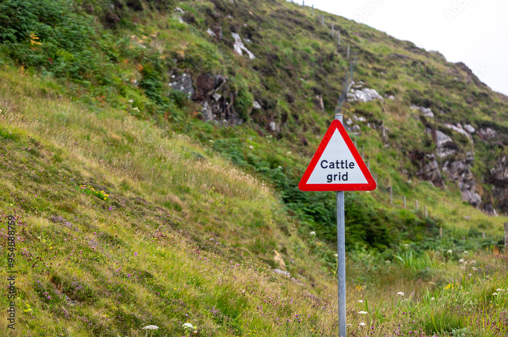 Cattle grid sign in Eriskay, Image shows the warning triangle on a remote Scottish island Cattle grid sign in Eriskay, Image shows the warning triangle on a remote Scottish island