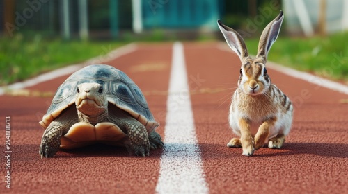 A tortoise and a hare are positioned at the starting line on a red athletic track, illustrating the timeless fable of the race between slow and steady versus fast and confident.