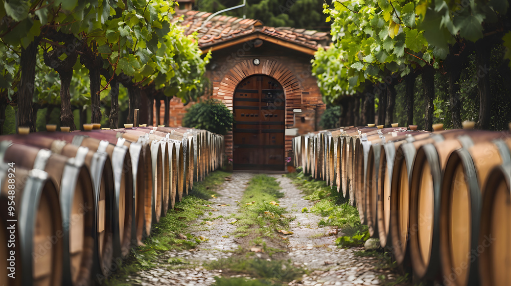 A vineyard in Veneto Italy with a historic wine cellar and oak barrels. A vineyard in Veneto Italy with a historic wine cellar and oak barrels.