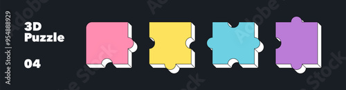 Isometric 3d line puzzle of four part isolated on dark background. Concept of jigsaw solution, teamwork for business and infographics. Colorful vector illustration