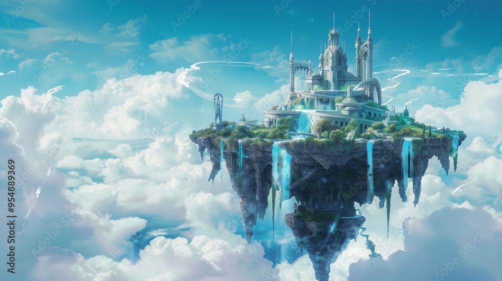 Obraz premium Envision a floating island high above the clouds, home to an ancient order of sky wizards. The island is lush and verdant, with waterfalls cascading into the abyss below. 