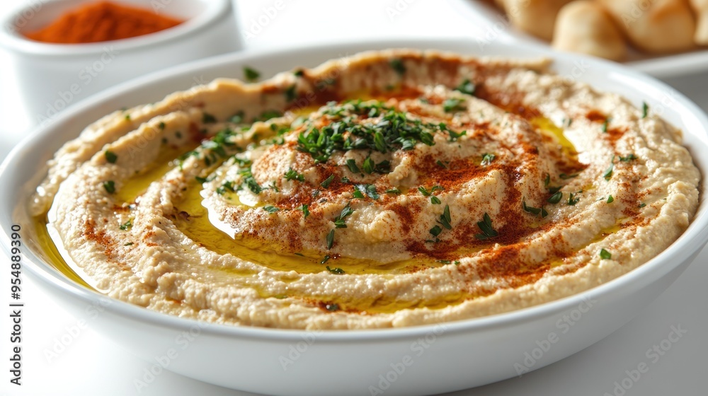 Creamy Hummus with Olive Oil, Paprika, and Parsley Garnish Creamy Hummus with Olive Oil, Paprika, and Parsley Garnish