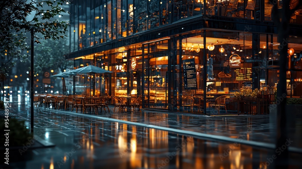 Modern urban cafe with glass walls at night in the rain Modern urban cafe with glass walls at night in the rain