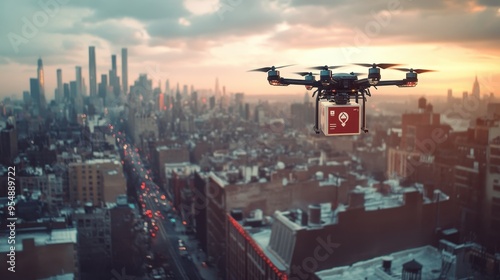 Aerial Drone Delivery Over City Skyline at Sunset