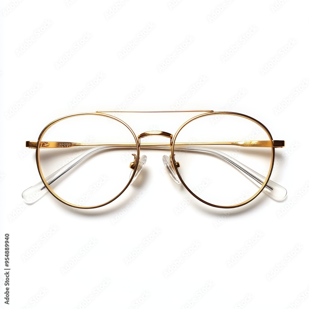A pair of gold-rimmed eyeglasses with clear lenses, isolated on white A pair of gold-rimmed eyeglasses with clear lenses, isolated on white