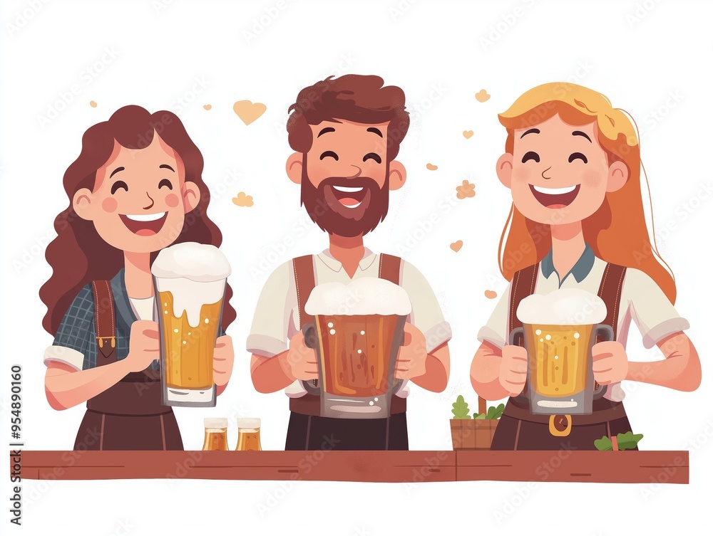 Joyful group of friends toasting with beer mugs at Oktoberfest