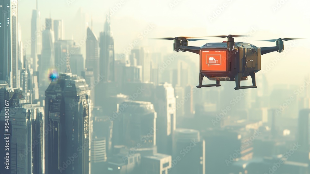 Drone Delivering Package Over Futuristic Cityscape Drone Delivering Package Over Futuristic Cityscape
