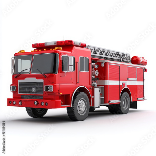 A realistic model of a red fire truck with detailed features, isolated on white