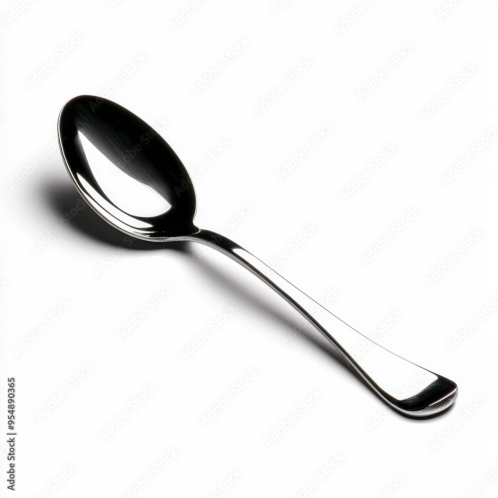 A shiny stainless steel spoon reflecting light, isolated on white A shiny stainless steel spoon reflecting light, isolated on white