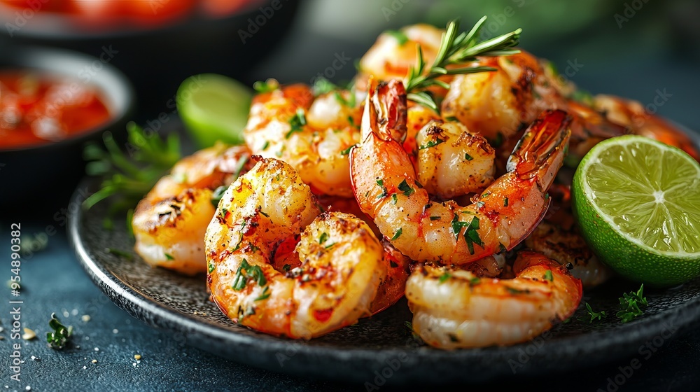 Close-up of grilled shrimp garnished with herbs and lime Close-up of grilled shrimp garnished with herbs and lime