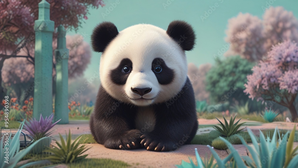 Fototapeta premium Cute Baby Panda in a Lush Garden