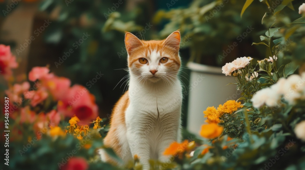 A cute cat sitting calmly in a garden, surrounded by colorful flowers and greenery, with a peaceful expression. A cute cat sitting calmly in a garden, surrounded by colorful flowers and greenery, with a peaceful expression.