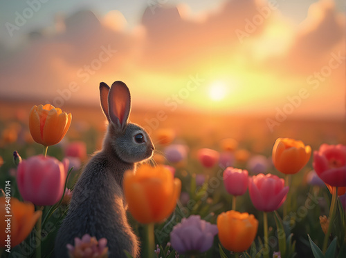 A little rabbit in a field of vibrant flowers at sunset is a strange and surreal scene that reflects the beauty of nature 