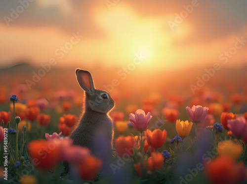 A little rabbit in a field of vibrant flowers at sunset is a strange and surreal scene that reflects the beauty of nature 