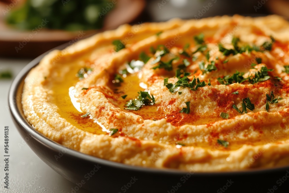 Close-up of Hummus with Paprika and Parsley Garnish Close-up of Hummus with Paprika and Parsley Garnish