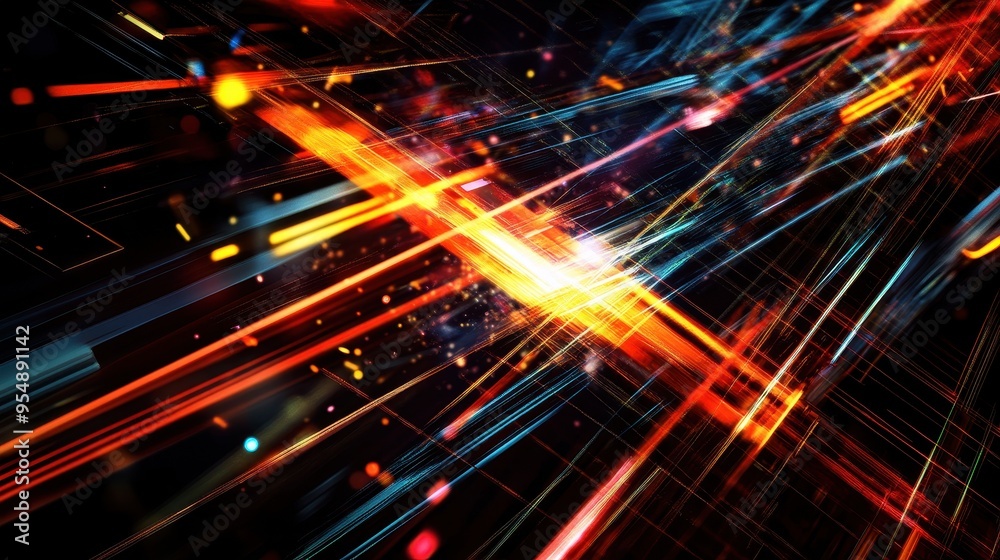 Abstract Background with Red, Orange and Blue Lines and Bokeh Lights. Abstract Background with Red, Orange and Blue Lines and Bokeh Lights.