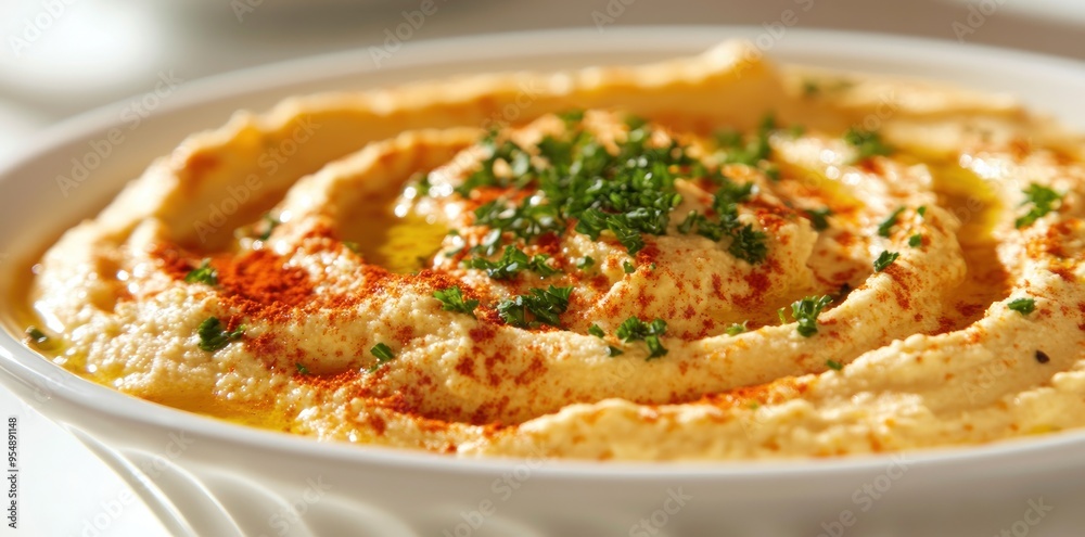 Close-up of Creamy Hummus with Paprika and Parsley Close-up of Creamy Hummus with Paprika and Parsley