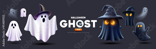 Halloween Ghost Black and white color, colletions banner design on dark blue background, Eps 10 vector illustration
