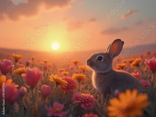A little rabbit in a field of vibrant flowers at sunset is a strange and surreal scene that reflects the beauty of nature 